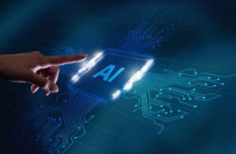 Un men touch artificial intelligence on a futuristic board